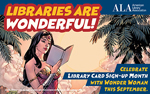 2020 Library Card Sign-Up Month graphic with Wonder Woman