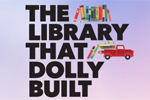 The Library That Dolly Built (text on lavender background with illustrated books and red pickup truck)