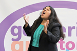 Mayra Castrejón-Hernandez performs at Milwaukee Public Library’s first Deaf StorySlam event in September 2019. (Photo: Pat A. Robinson Photos/Milwaukee Public Library)