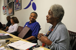 In late 2019, Stanford Libraries organized two community events that brought some of Silicon Valley’s Black pioneers together for an afternoon of storytelling. Attendees included San Jose community organizer Queen Ann Cannon, pictured here talking with Carl Davis Jr., president of the Black Silicon Valley Chamber of Commerce. In the background is the entrepreneur Danny Allen and Janie Jensen. The event was recorded for the archive. (Image
credit: Chris Cotton)