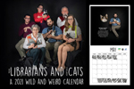 Librarians in stereotypical clothing pose solemnly and hold adorable cats