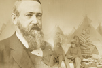 Photo composite of President Benjamin Harrison looming over several members of the Lakota Nation outside their tipis, 1891