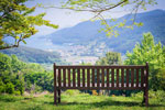 An empty park bench looking over a scenic vista