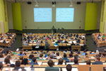Large, crowded college classroom