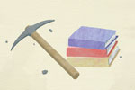 Illustration of a pickaxe beside a pile of books