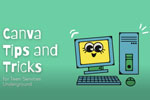 Cartoon computer and text "Canva tips and tricks"