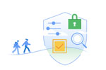 Illustration of people walking towards privacy icons
