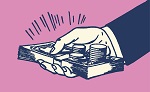 Hand holding money on a pink background
