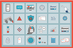 Various illustrated icons representing library technology