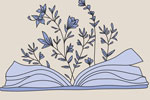 An open book with lavender flowers growing from the pages