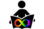 A silhouetted figure holding a book with a rainbow infinity symbol