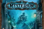 Cover art for Mysterium, featuring a darkly lit city street with a mist-shrouded castle in the distance