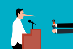 Illustration of a man at a podium with a nose lengthened to an absurd length by dishonesty