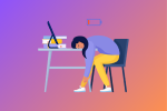 Illustration of a woman slumped on a desk in frustration