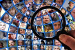 Montage of faces with a magnifying glass examining them