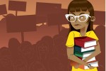 A cartoon depiction of a librarian holding a stack of books with a group of protestors behind her.