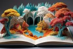 Open book with a forest scene coming out of it.