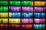 Rainbow-colored bookshelves