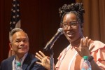 Roswell Encina, chief communications officer at the Library of Congress, and Hawa Jalloh, librarian at Prince George’s County (Md.) Memorial Library System, at a panel on influencer marketing at ALA's 2025 Annual Conference and Exhibition in Philadelphia.