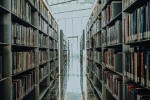 Long row of library shelves