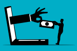 Illustration of a hand emerging from a laptop to take a dollar bill from a person