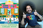 Mychal Threets smiling making a thumbs up gesture, with a copy of the National Library Week poster depicting happy people in front of a library with the words Find Your Joy!