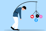 Slumped man following the logos of social media companies that are dangling in front of him from a bent stick attached to his back