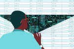 Man peering through a spreadsheet as if it were blinds in front of a window looking out on a city