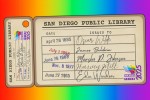 San Diego Public Library Pride card design, with a date due slip design featuring the names of LGBTQ+ icons