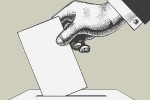 Illustration of a hand depositing a ballot into a voting box