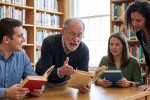 Teacher and students with books in a library
