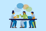 Figures at a table discussing