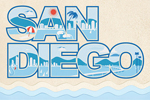 Block text that reads San Diego with an illustration of the skyline in the text